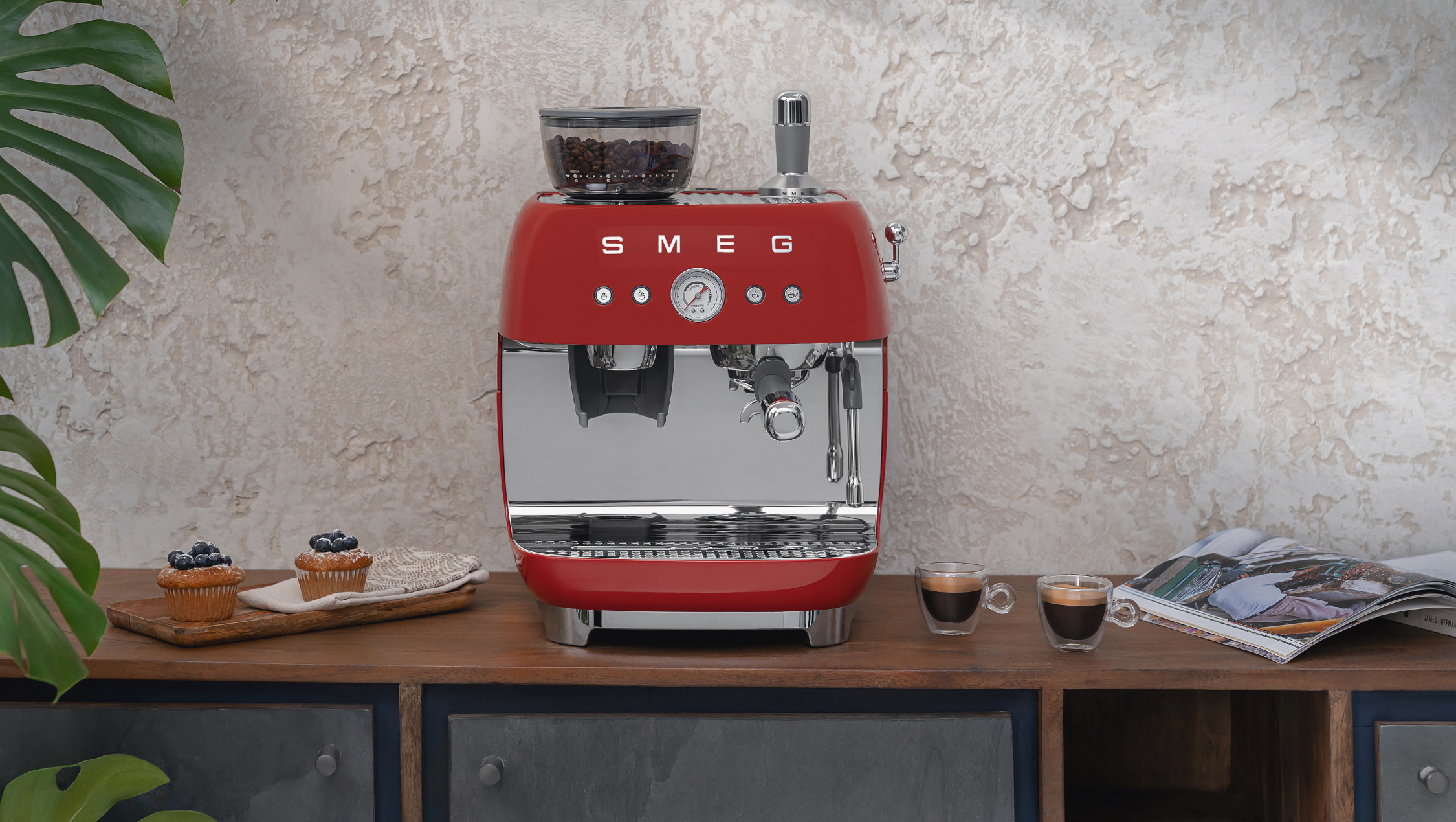 Darálós karos espresso kávéfőző tejhabosítóval - piros