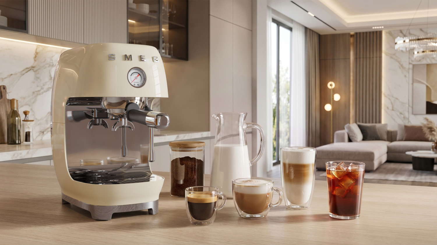 SMEG KAROS ESPRESSO KÁVÉFŐZŐ COLD BREW FUNKCIÓVAL, TEJHABOSÍTÓVAl, 50-es évek retro design, bézs