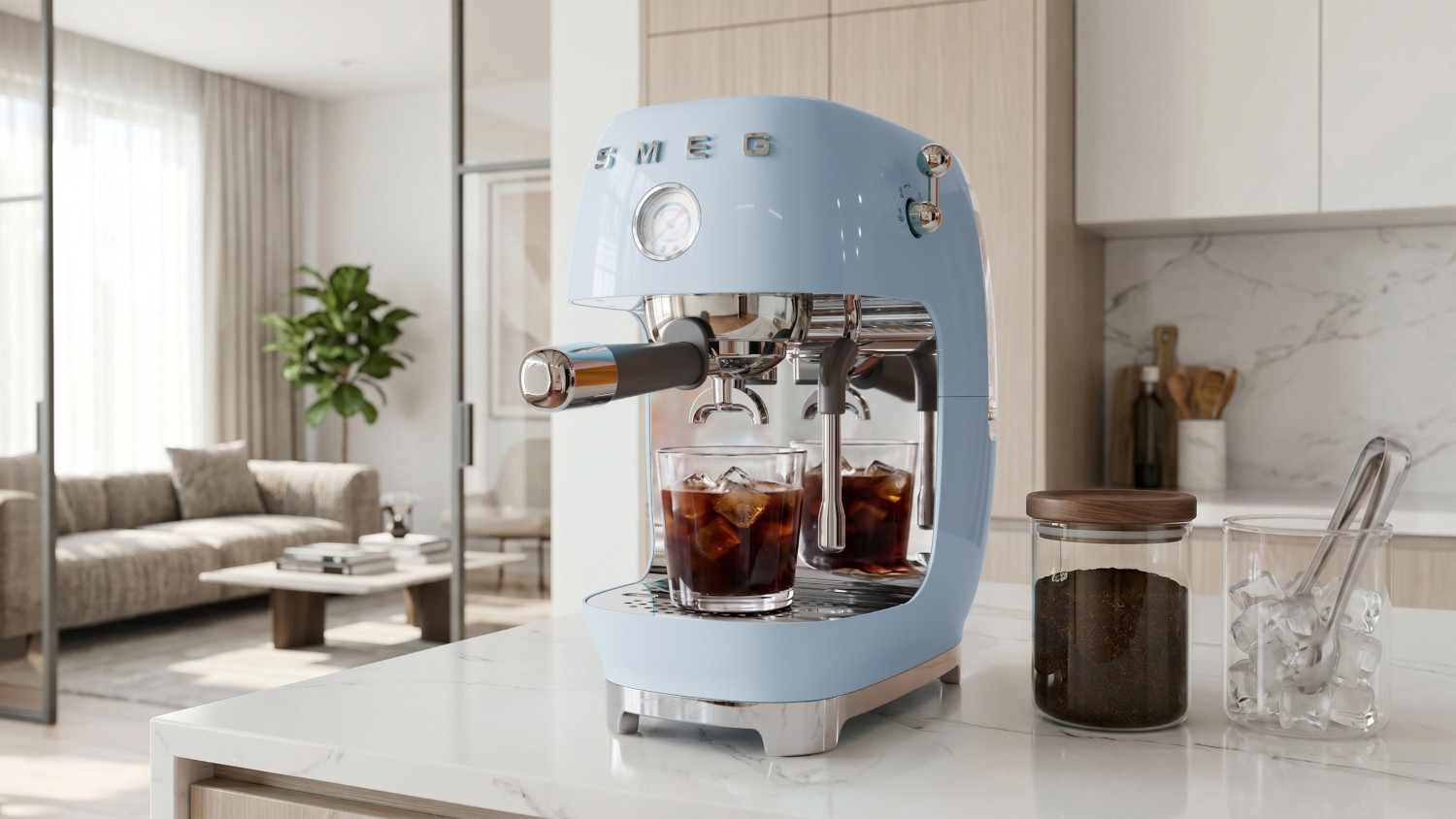SMEG KAROS ESPRESSO KÁVÉFŐZŐ COLD BREW FUNKCIÓVAL, TEJHABOSÍTÓVAl, 50-es évek retro design, világoskék