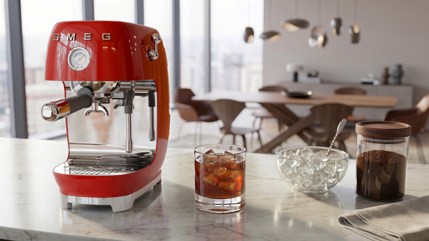 SMEG KAROS ESPRESSO KÁVÉFŐZŐ COLD BREW FUNKCIÓVAL, TEJHABOSÍTÓVAl, 50-es évek retro design, piros
