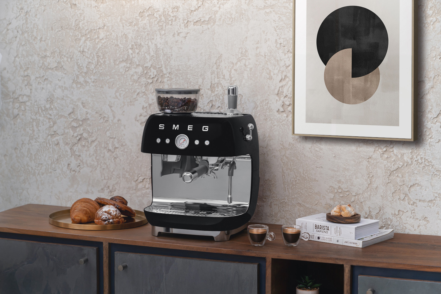 SMEG DARÁLÓS KAROS ESPRESSO KÁVÉFŐZŐ TEJHABOSÍTÓVAl, 50-es évek retro design, fekete