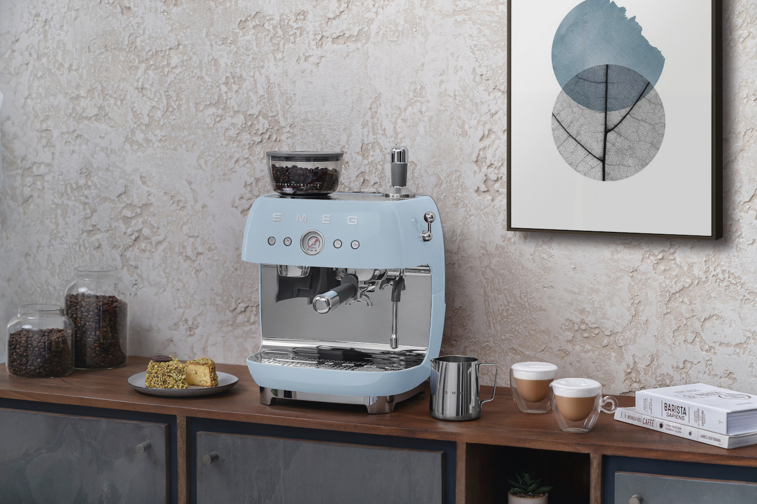 SMEG DARÁLÓS KAROS ESPRESSO KÁVÉFŐZŐ TEJHABOSÍTÓVAl, 50-es évek retro design, világoskék