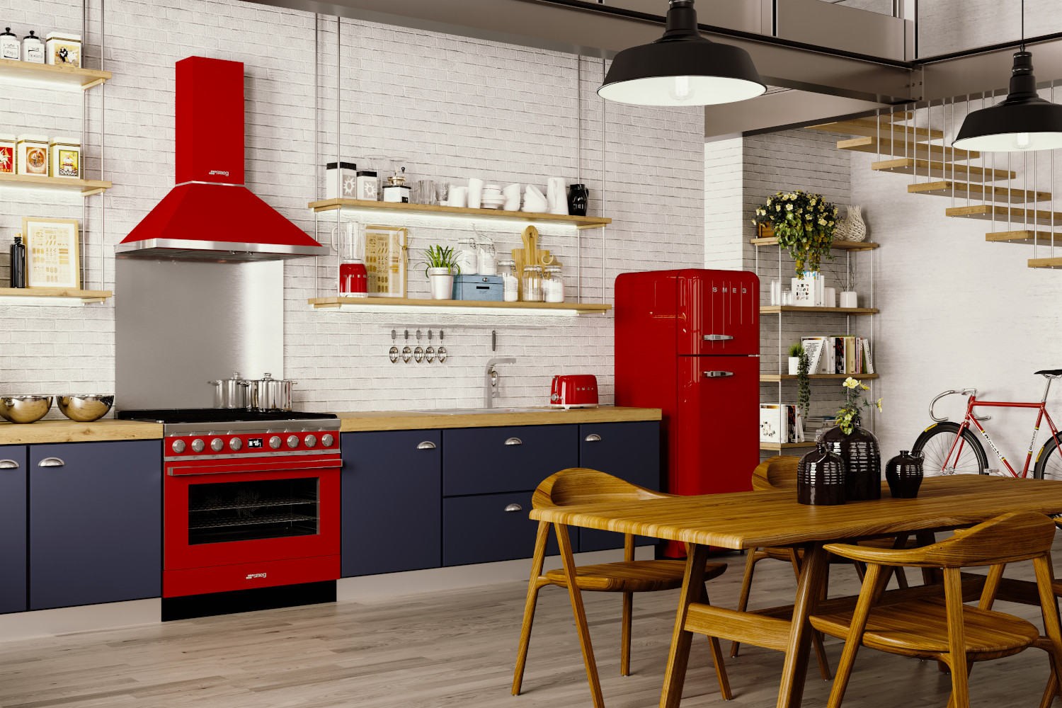 Smeg piros kenyérpirító, turmixgép, hűtőszekrény, cooker és páraelszívó